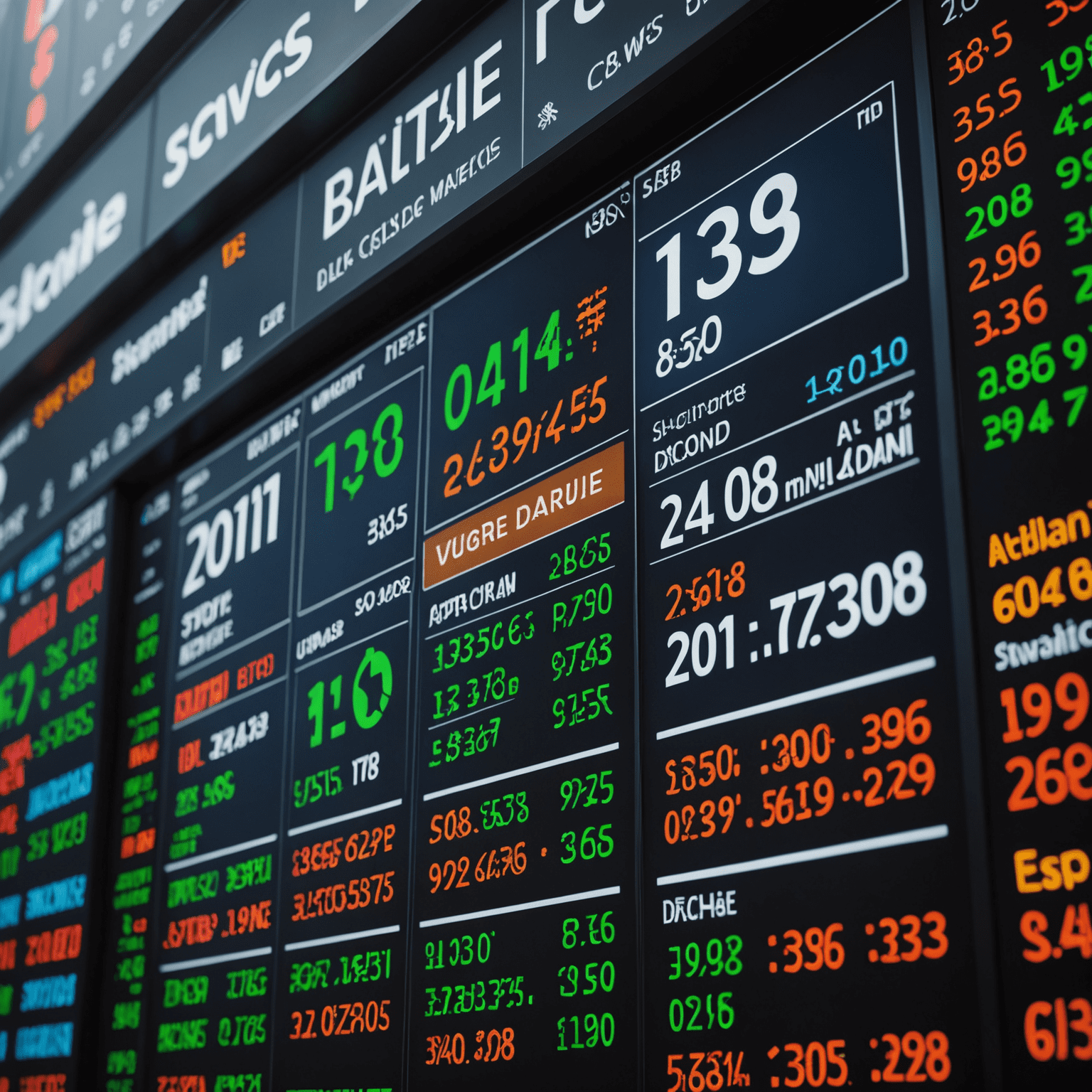 A dynamic stock market board showing real-time price changes, with arrows indicating market trends and news headlines scrolling at the bottom