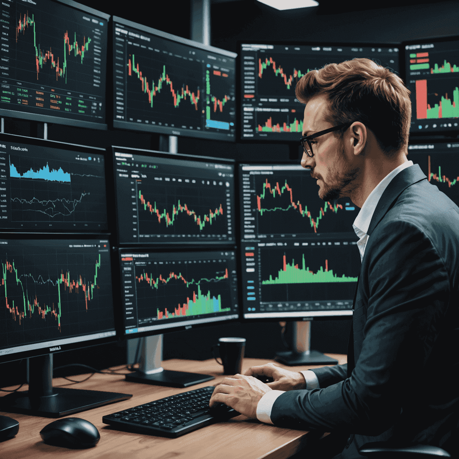 A professional trader using Webull Desktop platform, analyzing multiple charts and data points on a large monitor setup