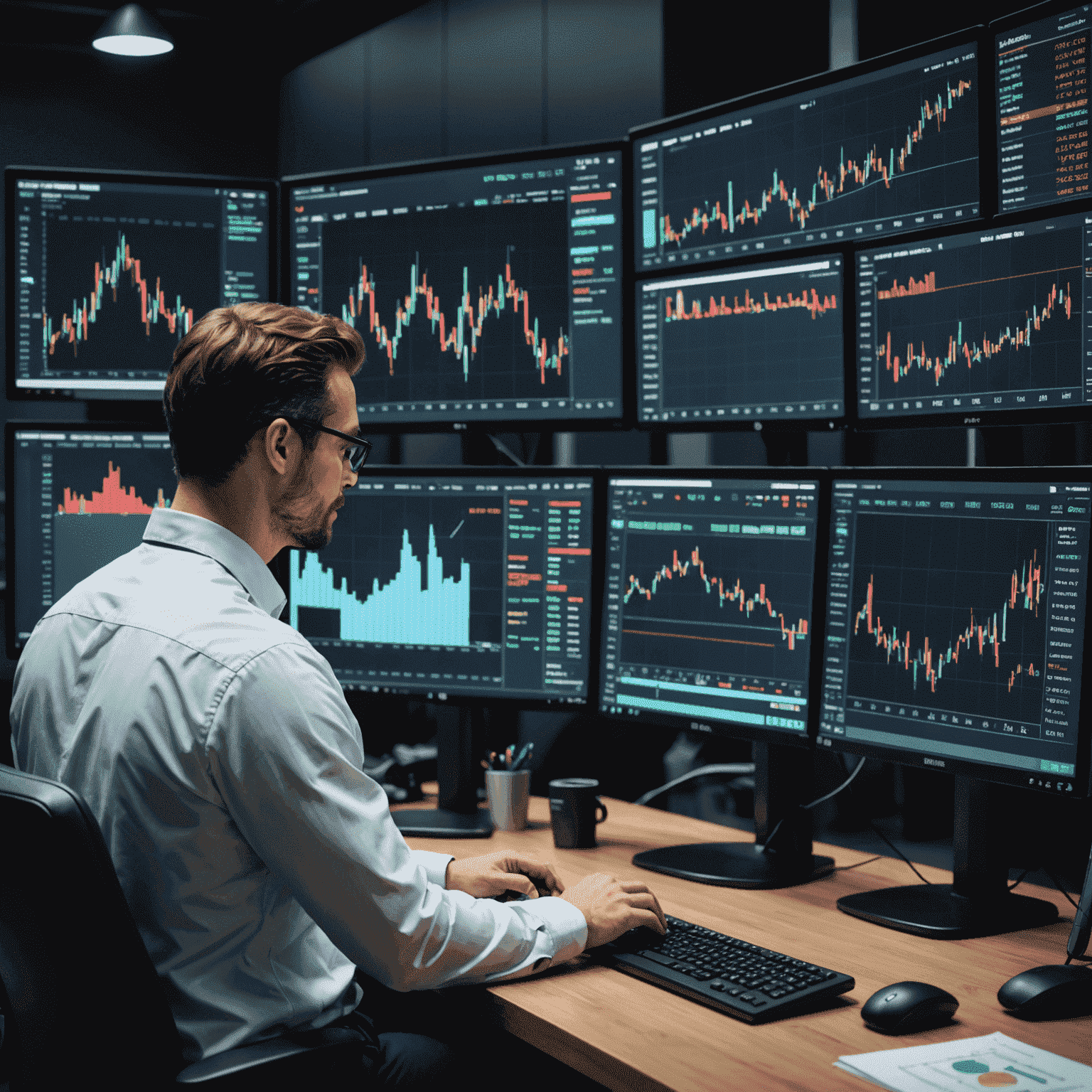 Trader analyzing charts and graphs on multiple screens, showcasing advanced market analysis techniques