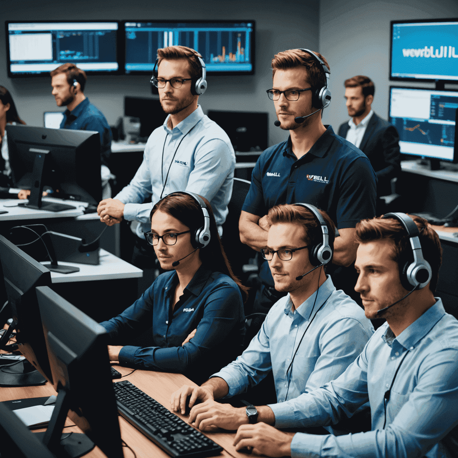Image of Webull Desktop customer support team. The image shows a diverse group of professional support agents wearing headsets and working at computer stations. They appear friendly and attentive, ready to assist traders with any inquiries. The background showcases the sleek Webull Desktop interface on large monitors, emphasizing the connection between the support team and the trading platform.