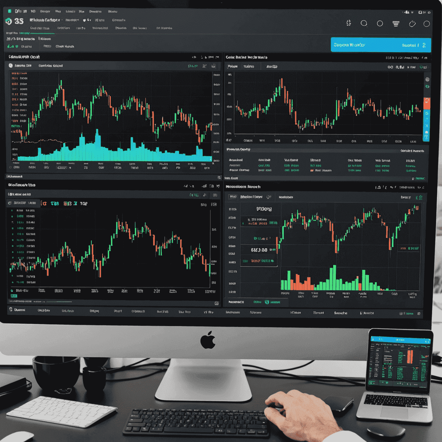 A split-screen view of Webull Desktop interface, showing advanced charting tools, technical indicators, and a trader analyzing multiple screens