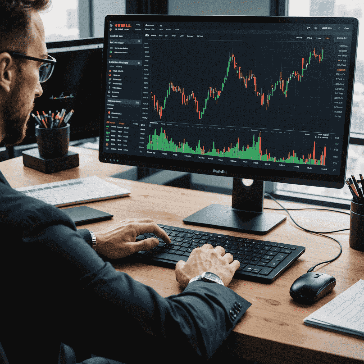 A person conducting technical analysis on Webull Desktop platform, with multiple chart patterns visible