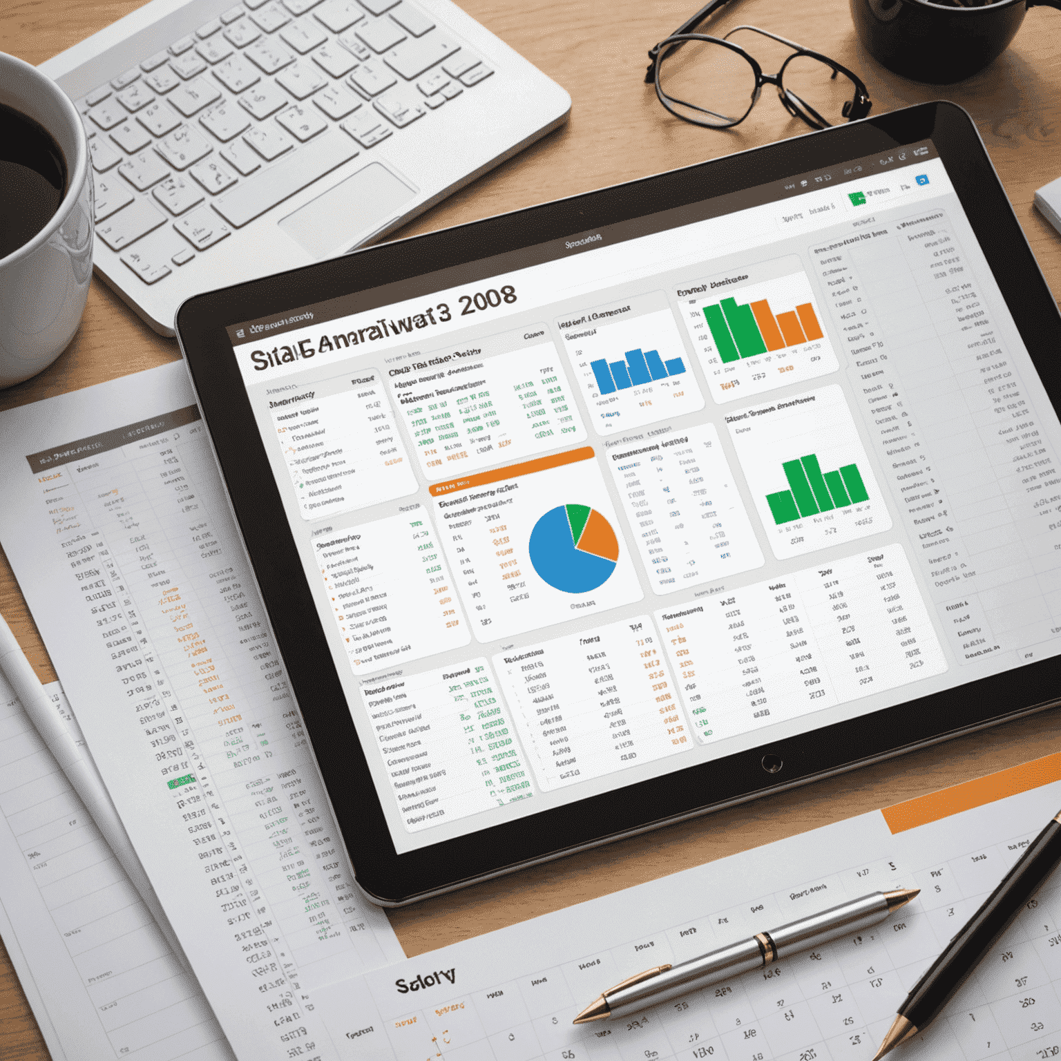 A calendar view with highlighted dates showing upcoming earnings reports, alongside charts depicting historical earnings performance